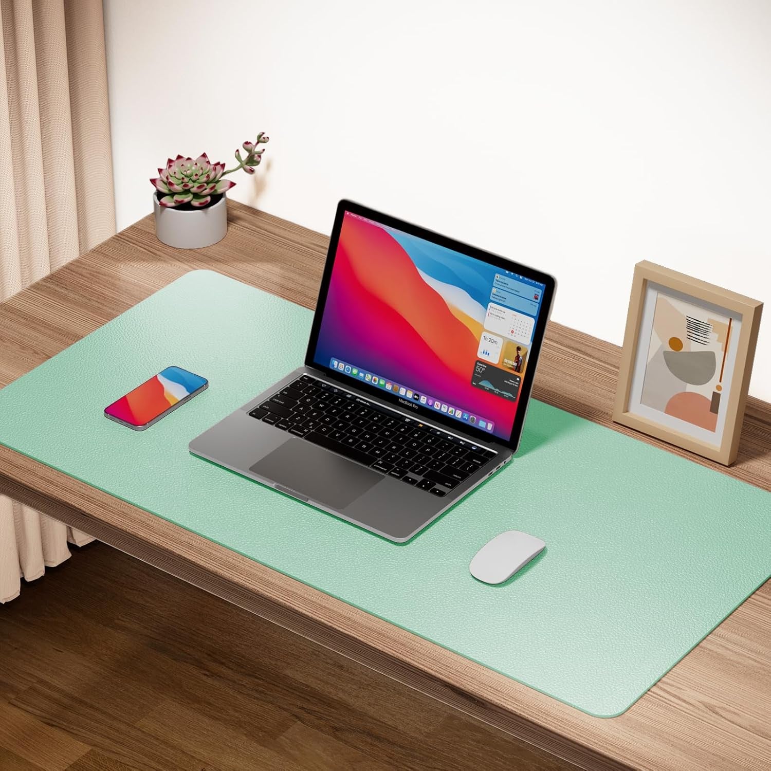 Leather Desk Pad Protector,Non-Slip Mouse Pad,Laptop Desk Pad,Office Mouse Mat,Waterproof Leather Desk Blotter,Desk Writing Pad for Office and Home (M-Green,30"X14")